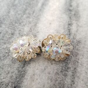 Vintage Sparkly Clear AB Bead Cluster Clip on Earrings, Retro 60s Style, Estate